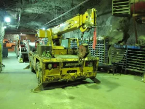 LPG-powered Broderson crane working in confined underground mining space
